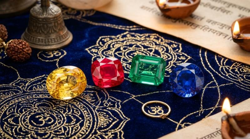 Authentic Vedic Jyotish ratna gemstones including yellow sapphire, ruby, emerald, and blue sapphire