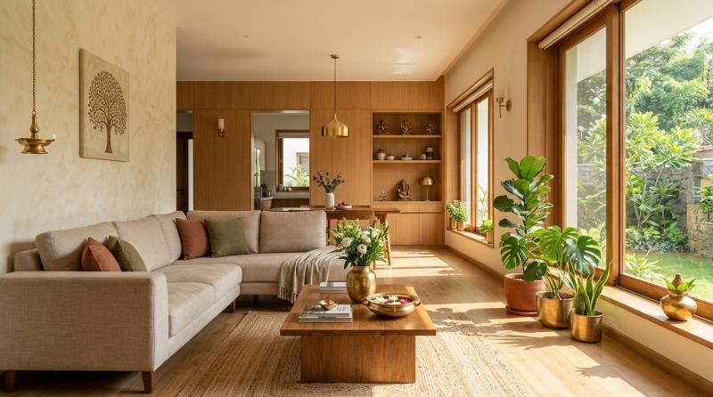 Harmonious modern living room designed with Vastu Shastra principles and natural morning light