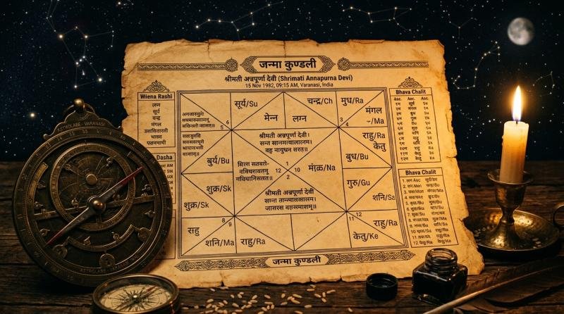 Classical Vedic astrology Janma Kundli birth chart with astrolabe and Sanskrit planetary symbols